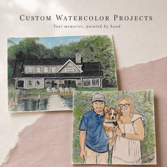 Custom hand-painted watercolor portraits including a lakehouse and a family portrait with their corgi