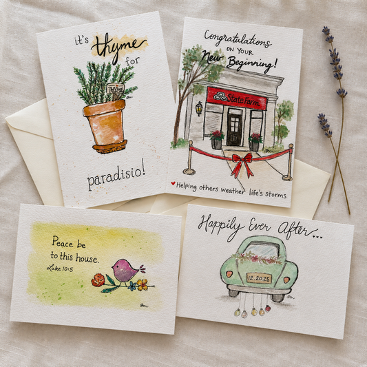 Hand-painted watercolor cards for various occasions including new beginnings, wedding, and inspirational messages