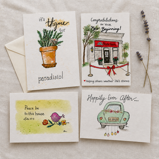 Four hand-painted watercolor cards including thyme pot, State Farm building, peace bird, and wedding car